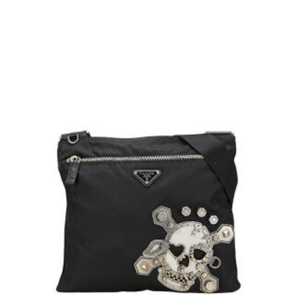 Prada triangular skull Shoulder Bag black nylon leather - Picture 1 of 8